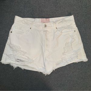 Revice Denim Distressed High Waisted Button Fly White Ripped Jean Shorts 29
